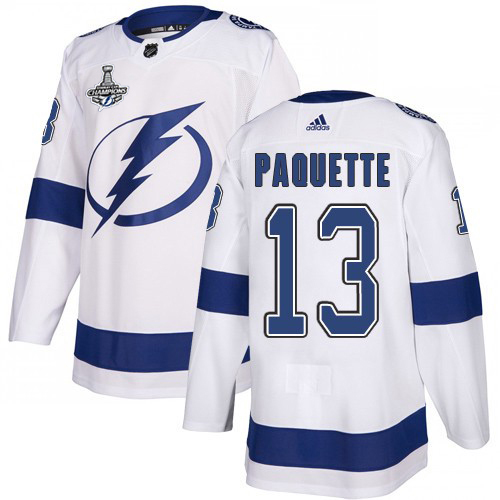 Men Adidas Tampa Bay Lightning #13 Cedric Paquette White Road Authentic 2020 Stanley Cup Champions Stitched NHL Jersey